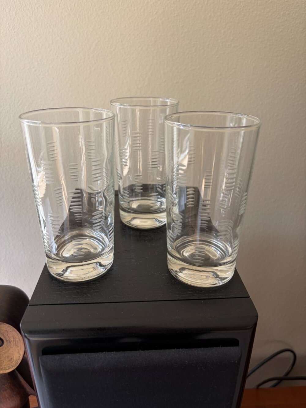 Highball glasses Etched MCM 5" 8 ounce.  Possibly Libby Dartel set of 3 vintage